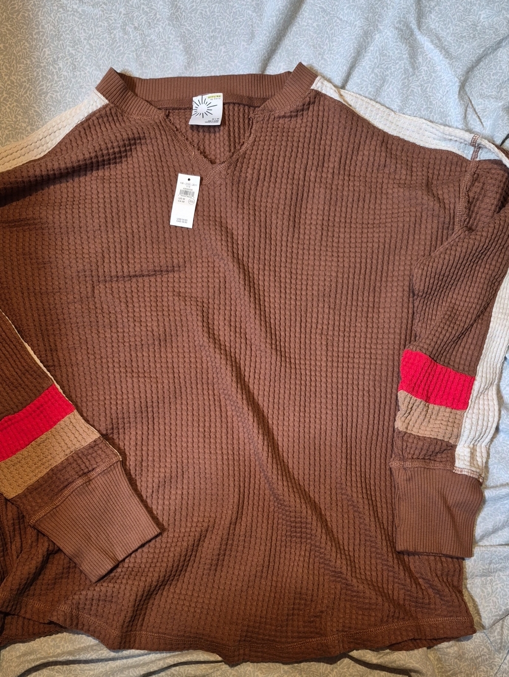 aerie Brown Waffle Crewneck Sweater with Red and Tan Sleeve Stripes